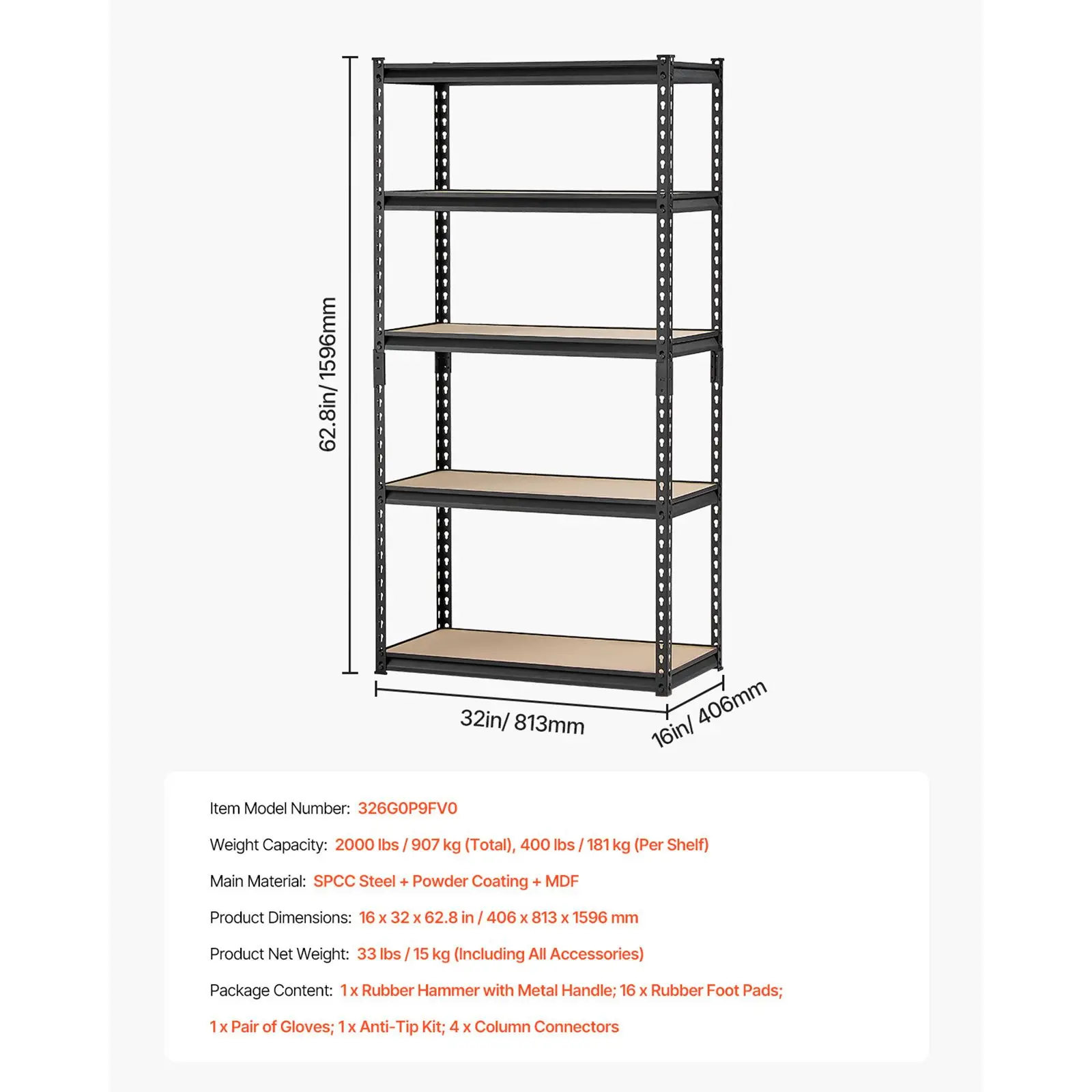 Storage Shelves, 2000 lbs, 5 Tier Garage Storage Shelving, 16