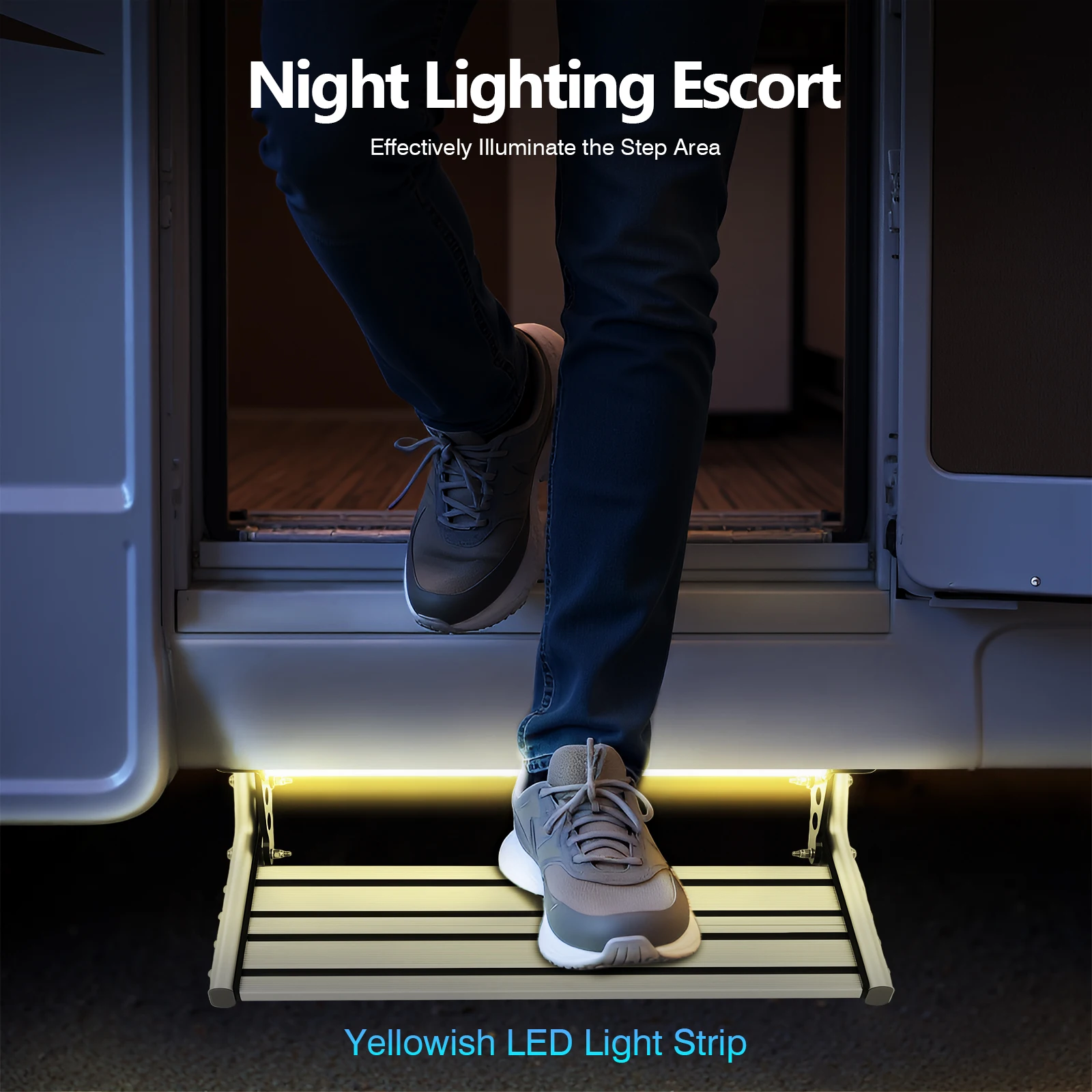 خطوة RV قابلة للطي، خطوة RV يدوية 44 سم مع ضوء LED، تحميل 150 كجم ملحقات قافلة تلسكوبية مضادة للانزلاق