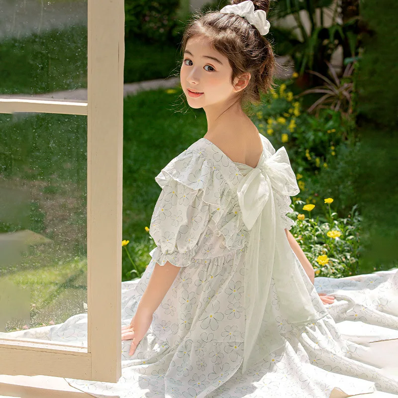 JUCPKID Korean Summer Children Girl Breathable Dress Teenager Girl Flower Bubble Sleeve Princess Dress School Girl Prom Dress