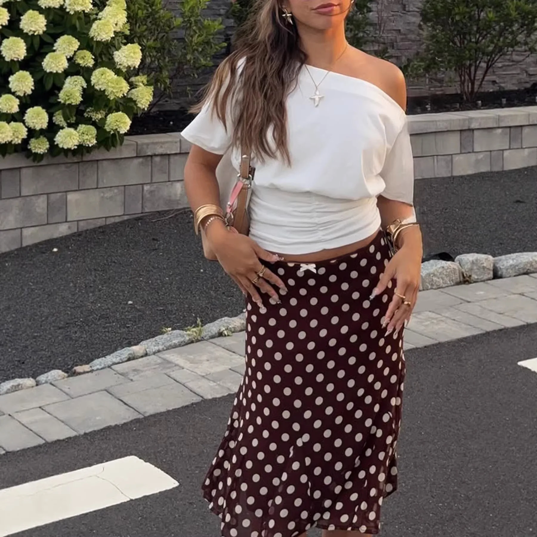 Korean Vintage Brown Polka Dot Skirt Ladies High Waist Ruffle Flared Chiffon Mermaid Midi Skirt Summer Daily Wear