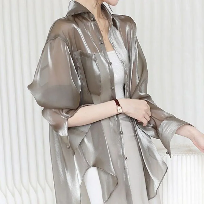 Grey Ice Silk Sunscreen Shirt Women\'s Commuting Summer Thin Shirts Loose Jacket Organza Cardigan Polo Collar Outfitting Cover Up