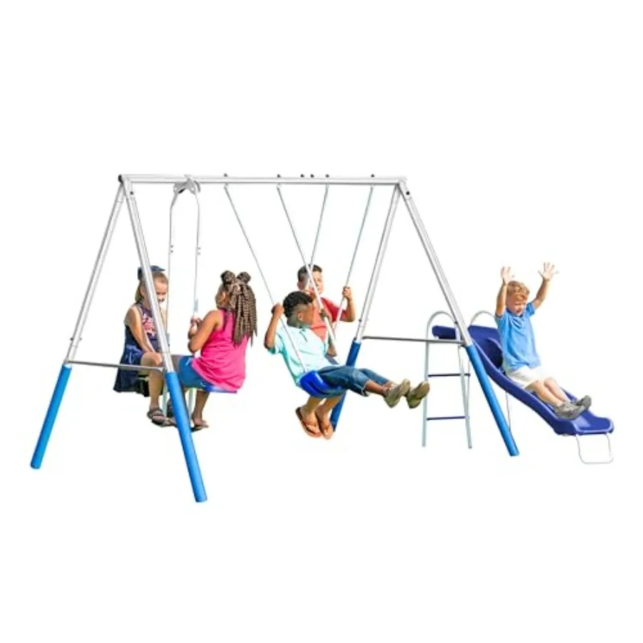 

Backyard playground set with galvanized metal frame gray finish 5-user/4-station swing slide and glide system featuring 5' slid