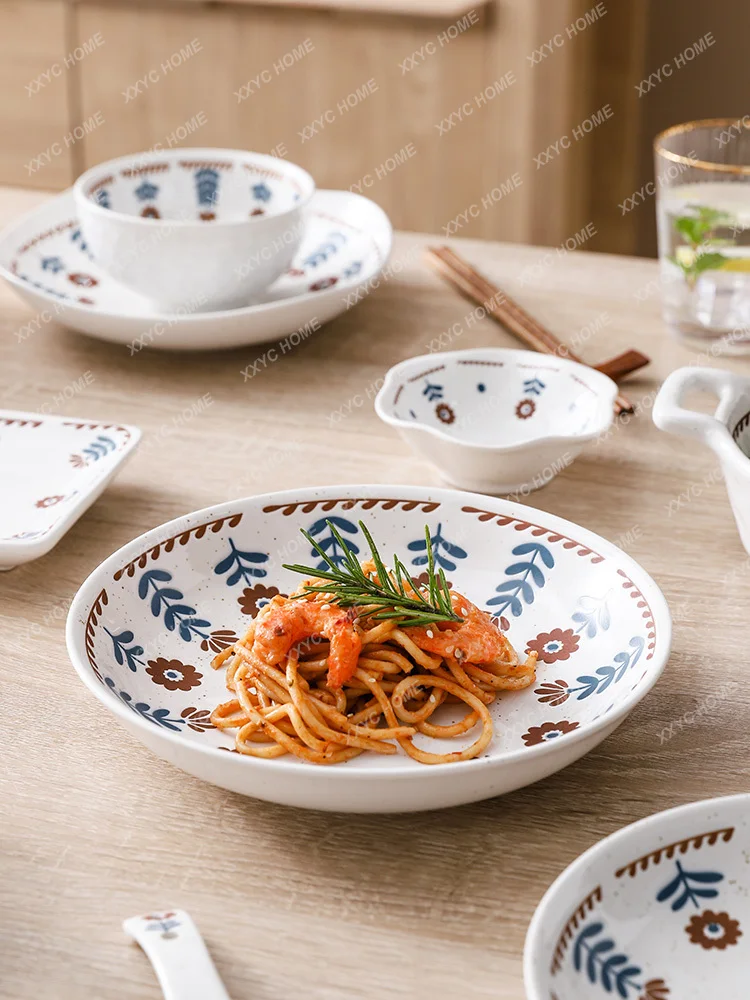 Ceramic Bowl and Dish Set Household Creative Underglaze Color Bowl Plate Tableware Combination Simple and Fresh Bowl Spoon