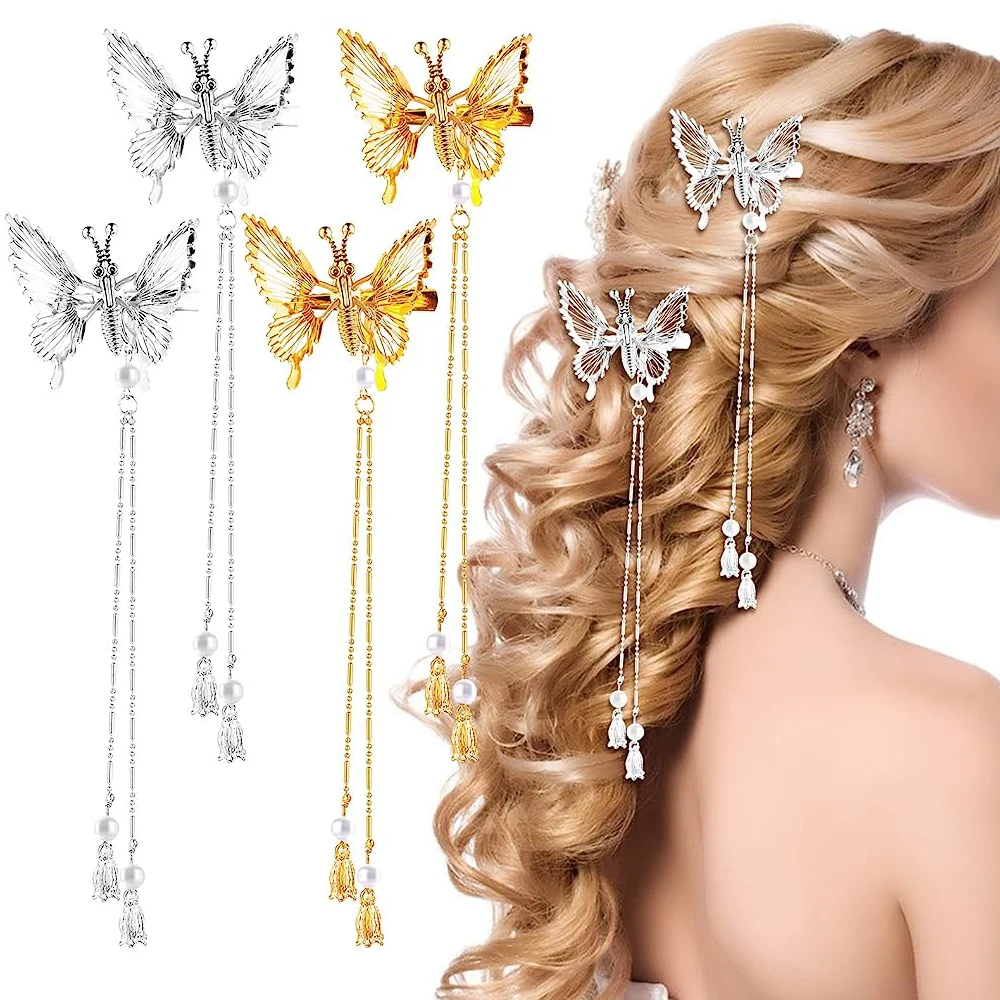 Flymind Moving Butterfly Tassel Hair Clips Elegant Butterfly Hairpin Antique Side Clip Will Move Hairpins Women Hair Accessories