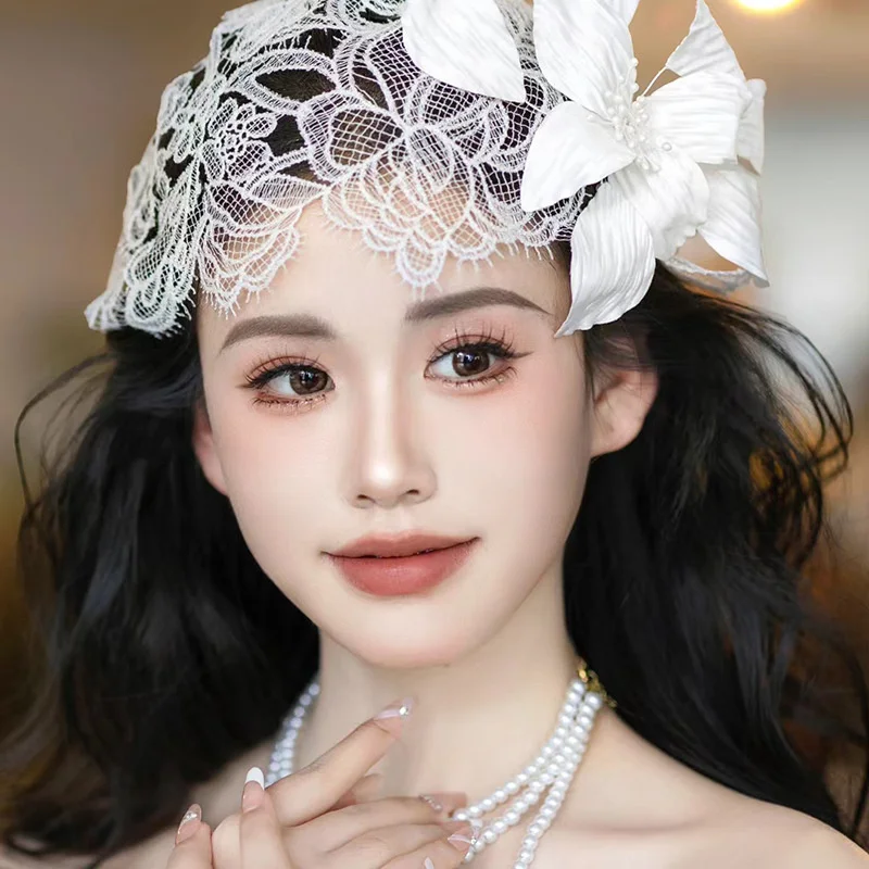 قبعة زهور مصنوعة يدويًا ، غطاء رأس دانتيل ، طراز الجمهورية العتيق ، مزاجه على الطراز الفرنسي ، شكل العروس ، فستان الزفاف ، ملحقات الاستوديو