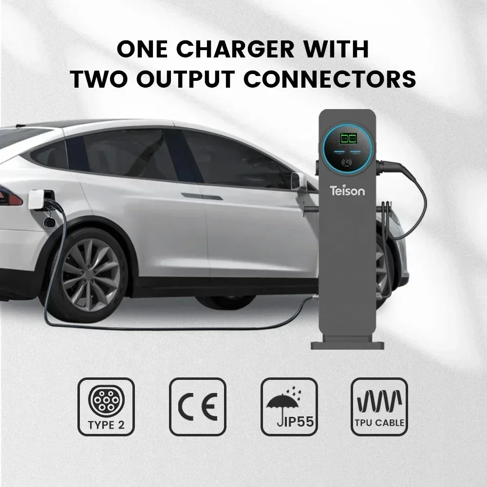 Dubbele 22kw Type1 Type2 vloerstandaard Commerciële EV-oplader Elektrische auto Ocpp-oplaadstapel