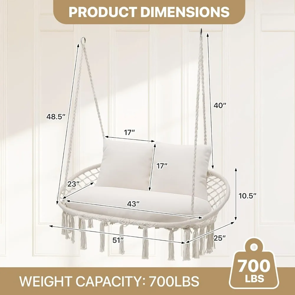 MoNiBloom Beige Double Macrame Swing Chair 3 Cushions 700lbs Boho Hammock Chair Indoor Outdoor Porch Balcony Backyard