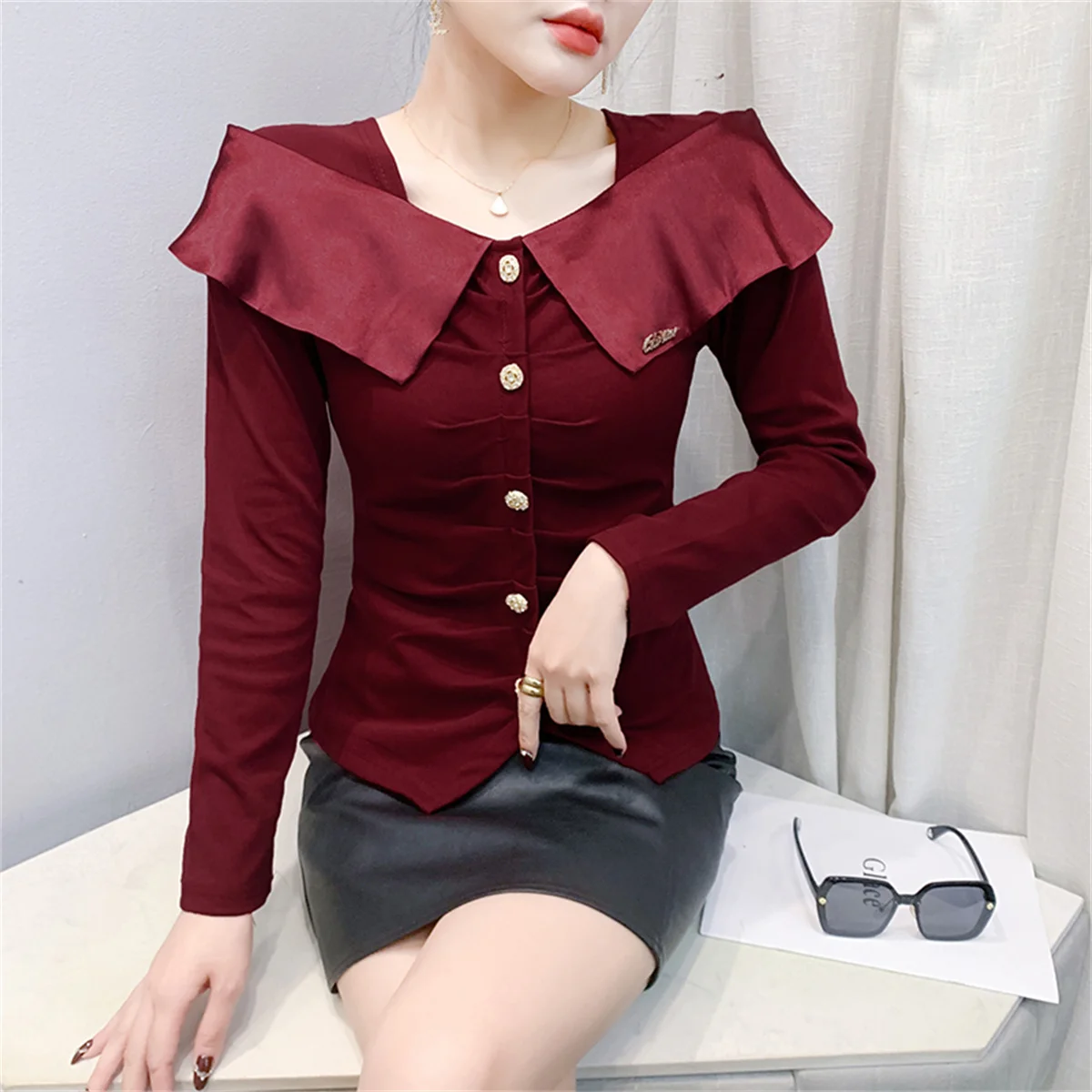 

Spring 2025 Women's Clothes Slim Fit Long Sleeve Top Ruffle Detail Pleated Open Fork Trendy Button-Up Casual T-Shirt