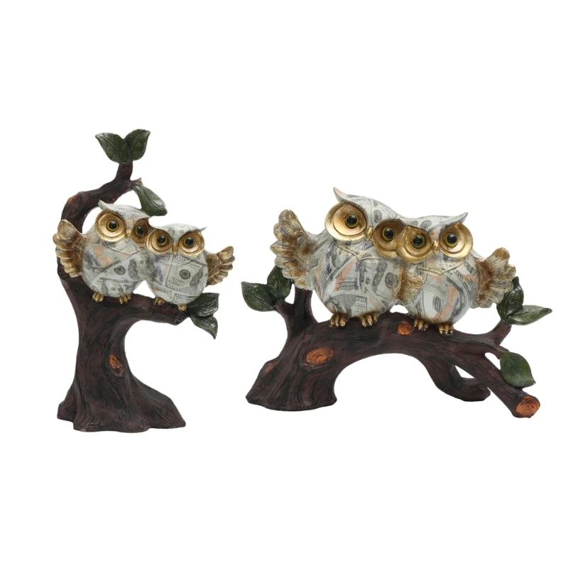 

Couple Owl Decorative Statue Sculpture Water Transfer Owl Perching On Branch Desktop Resins Ornament for Animal Lover