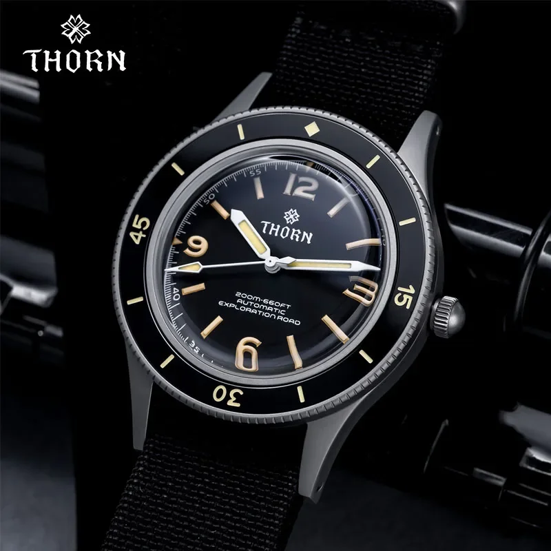 THORN 40MM Vintage 50-Fathoms NH35 Movement Automatic K9 Mineral Crystal TR900 C3 Luminous Barracuda 200M Waterproof Watch Men