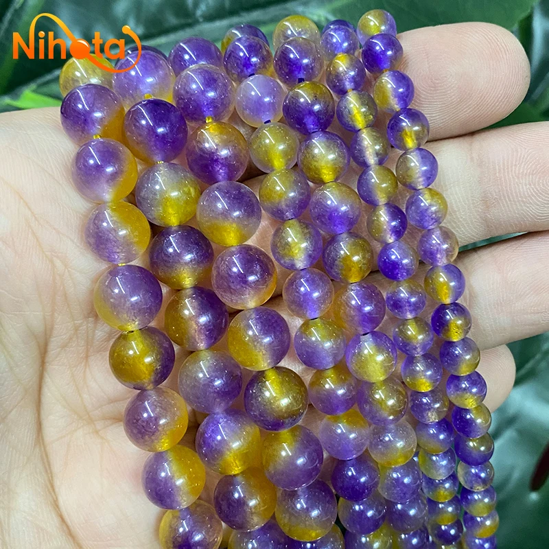 Smooth Natural Stone Purple Yellow Chalcedony Round Spacer Beads DIY Bracelet Chains 15'' Inch 6/8/10/12mm for Jewelry Making