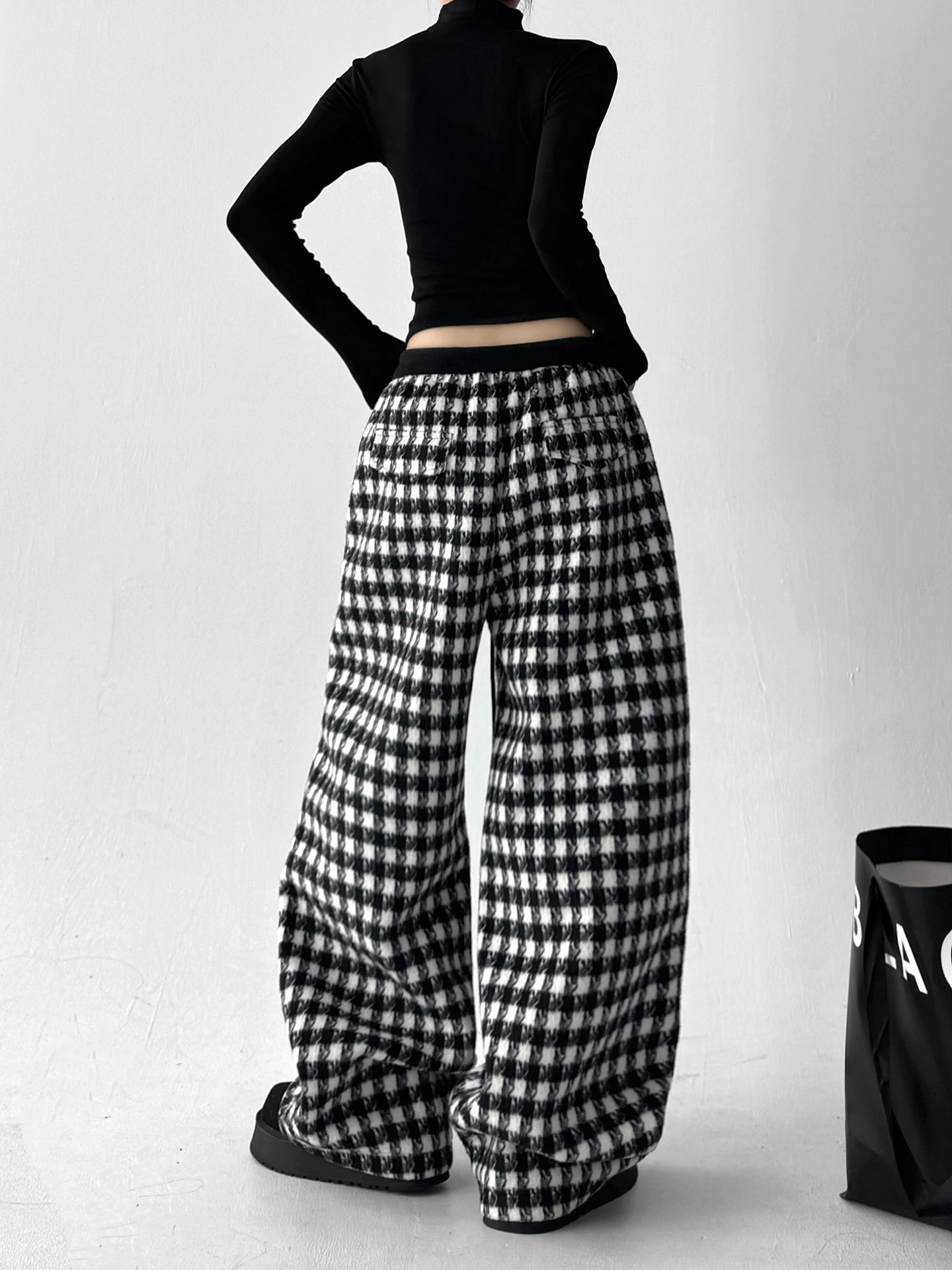 Pantaloni casual da donna larghi scozzesi a vita alta Pantaloni lunghi a gamba dritta retrò americani per donna Inverno 2025