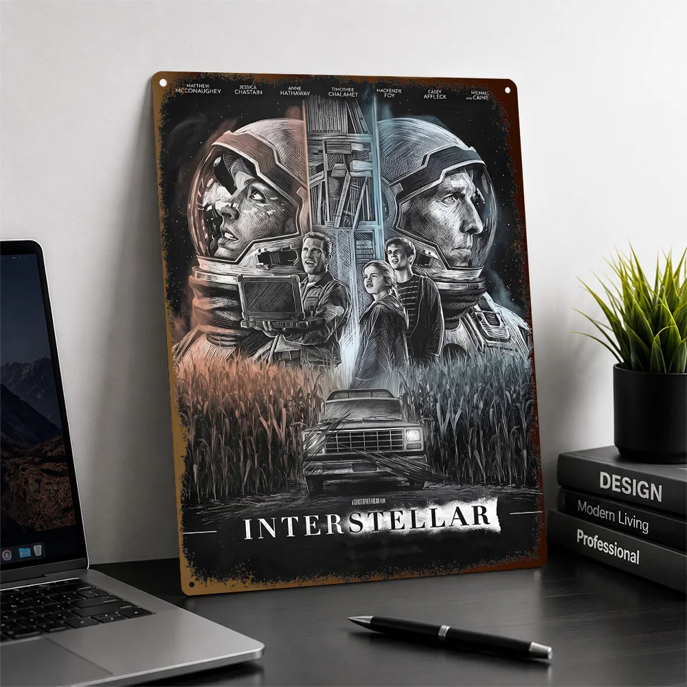 Interstellar Astronaut Character Collage Textured Poster Customized Metal Tin Sign Cosmic Screen Style Wall Art Media Room Decor