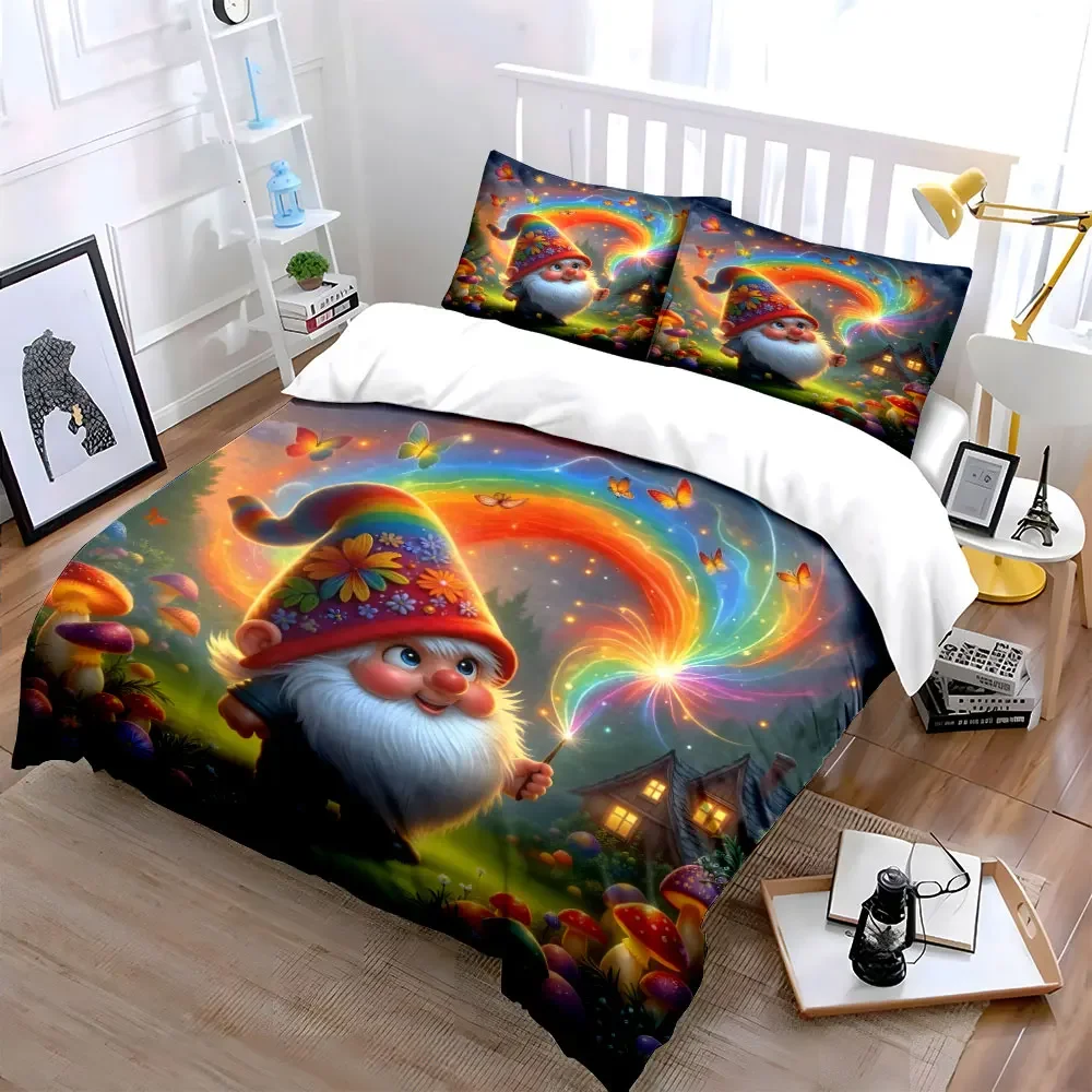 3Pcs Magical Gnome Bedding Set, Rainbow Gnome with Wand and Mushrooms Print Duvet Cover + 2 Pillowcases, Whimsical Kids Decor