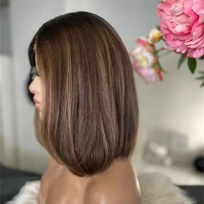 Ombre Brown Highlights Synthetic Lace Front Wig Free Part Wigs 12 Inch Soft Short Straight Bob Wig Heat Resistant Fiber Wigs