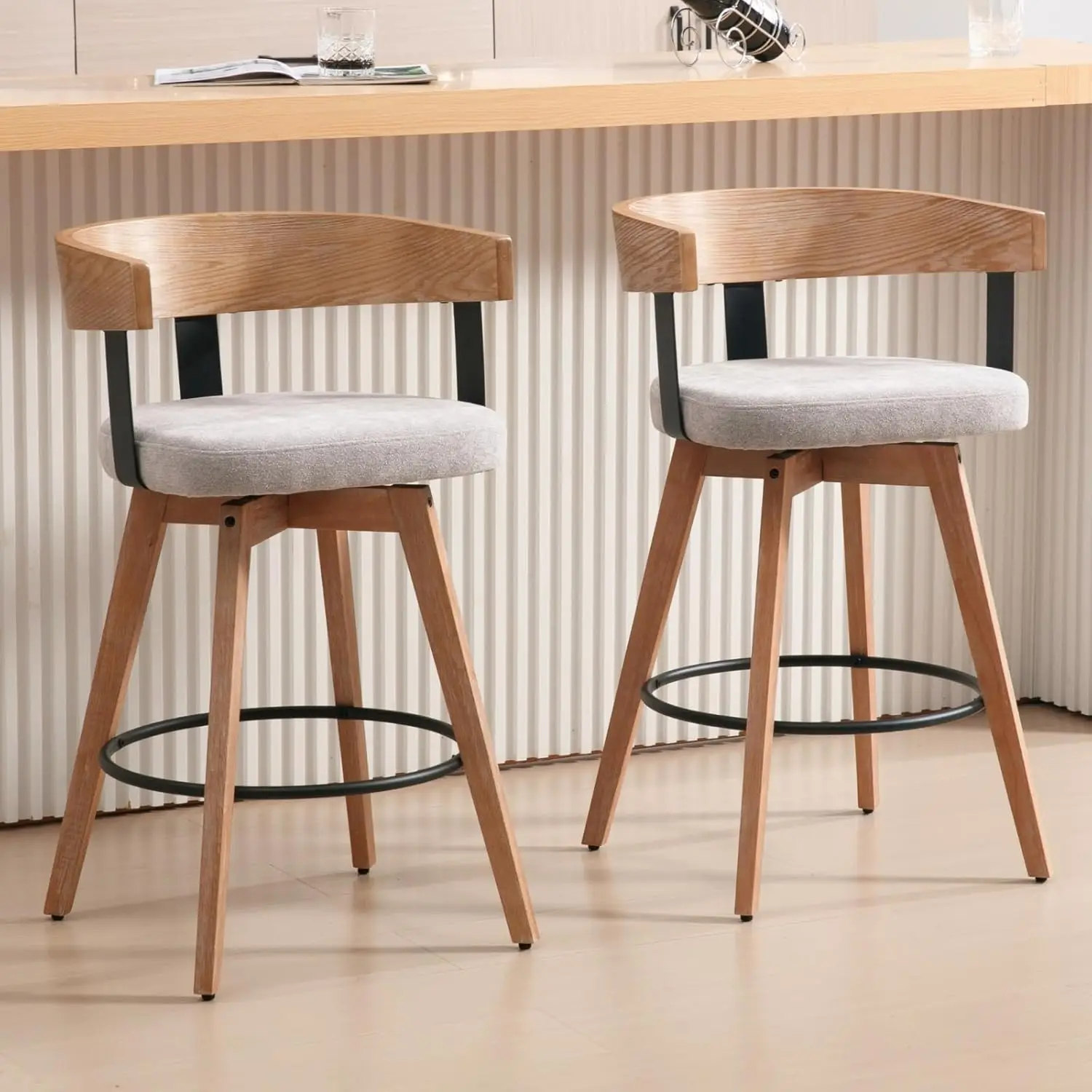 

Swivel Bar Stools Set Two 26 Inch Counter Height Seats With Barrel Back Grey Mid Century Modern Style Linen Upholstered Chairs W