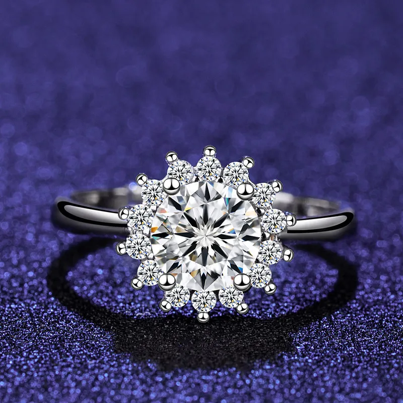 100% 925 reines Silber Sonnenblumen-Verlobungsring mit 1 Karat, Schmuck als Jubiläumsgeschenk für Damen