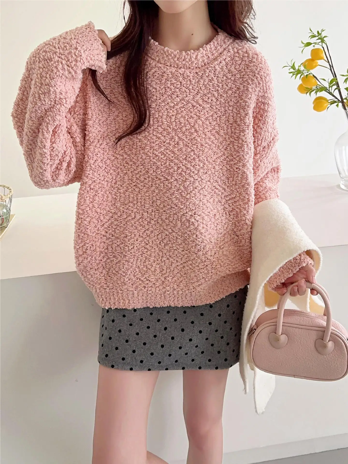 Women's Fall Winter Loose Knit Top, Crew Neck Granular Fleece Loungewear, Lazy Style Inner Layer, Macaron Color Long Sleeve