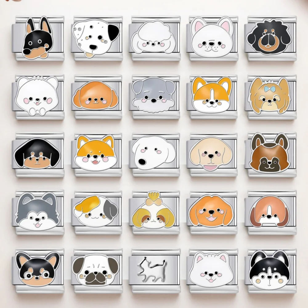 URING موضة لطيف Kawaii الكرتون الحيوانات الكلب تصميم سحر أساور ربط الإيطالية صالح 9 مللي متر الفولاذ المقاوم للصدأ صنع سوار ذاتي الصنع