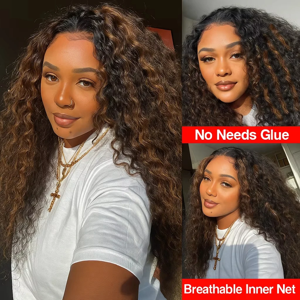 24 Inch Highlight Ombre Lace Front Wig Human Hair Pre-Plucked 1B/30 Black Brown13x6 HD Lace Frontal Deep Wave Honey Blonde180% Density Glueless Wigs for Women image 6