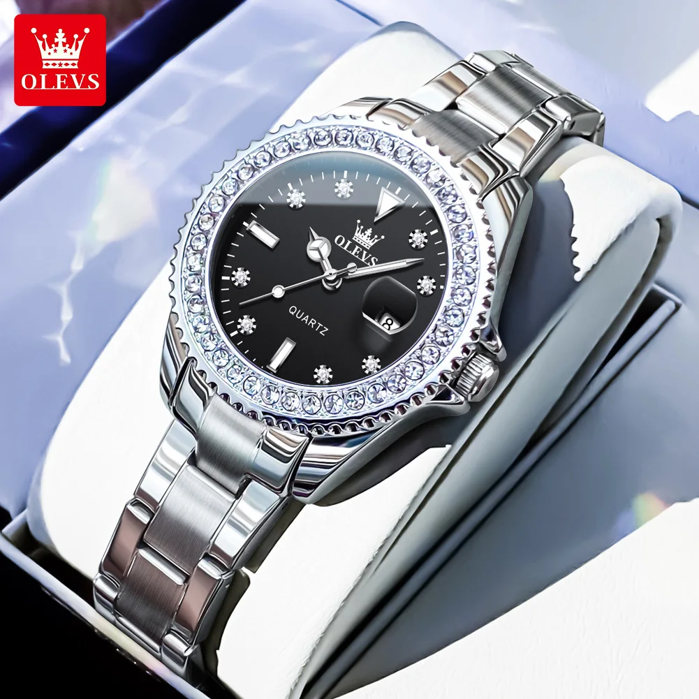 OLEVS Luxury Brand Quartz Watch for Women Steel Strap Waterproof Date Luminous Ladies Wristwatch Diamond Bezel Woman Watch 9945