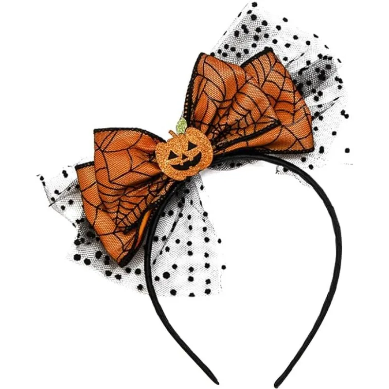 Halloween Pumpkin Devil Headband, Spider Web Bow Party Costume Accessory