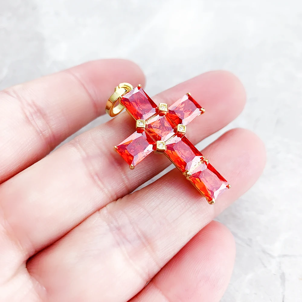 Golden Cross With Orange Stones Pendant Brand New Fine Jewelry Europe 925 Sterling Silver Accessories Gift For Woman
