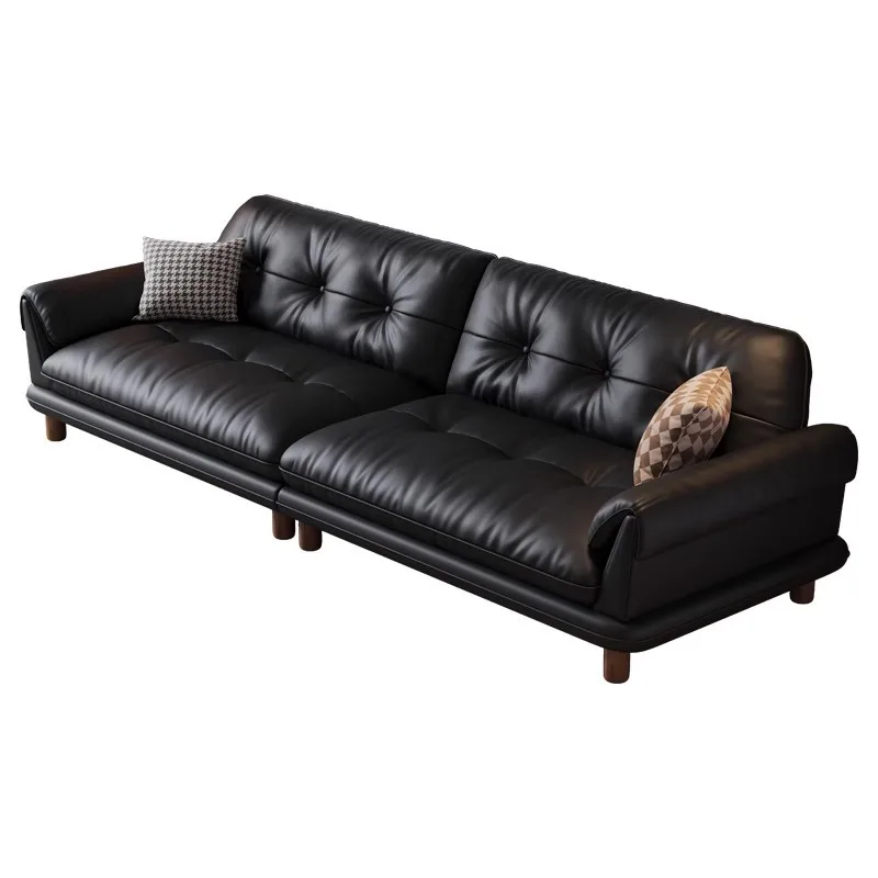 

Black straight row medieval small apartment living room cowhide leather solid wood high-footed sofa
