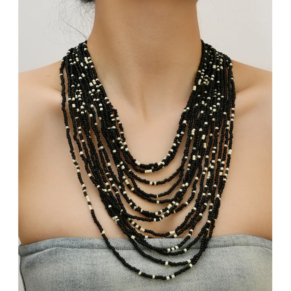 Newly Fashion Bohemian Colored Rice Bead Handmade Beaded Multi-layer Long Necklace Sweater Chain Women's Party Accessories