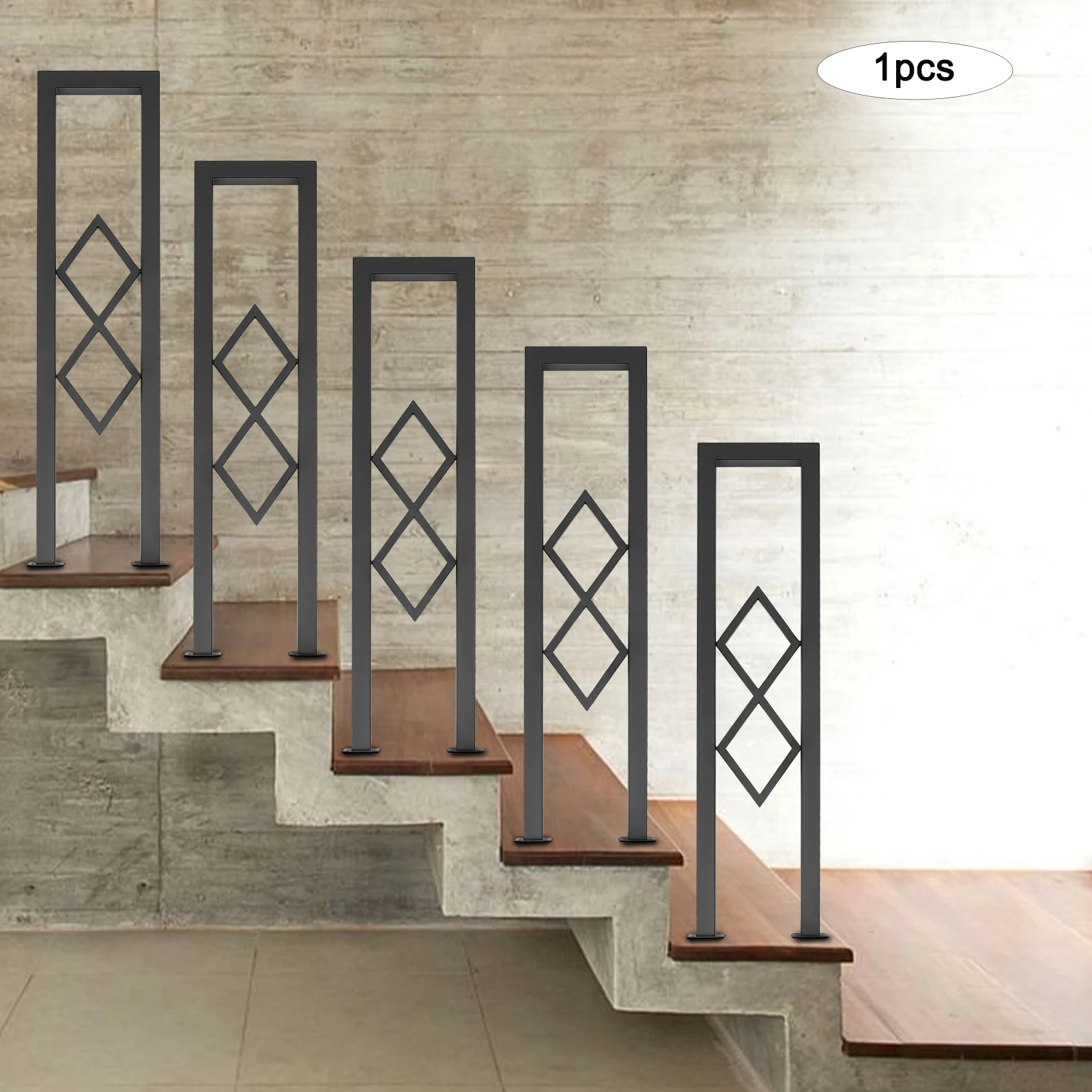 Corrimano per scale a forma di U in acciaio al carbonio nero, ringhiera per scale decorativa a forma di diamante, corrimano per scale a pavimento, 7,87 * 33,46 pollici