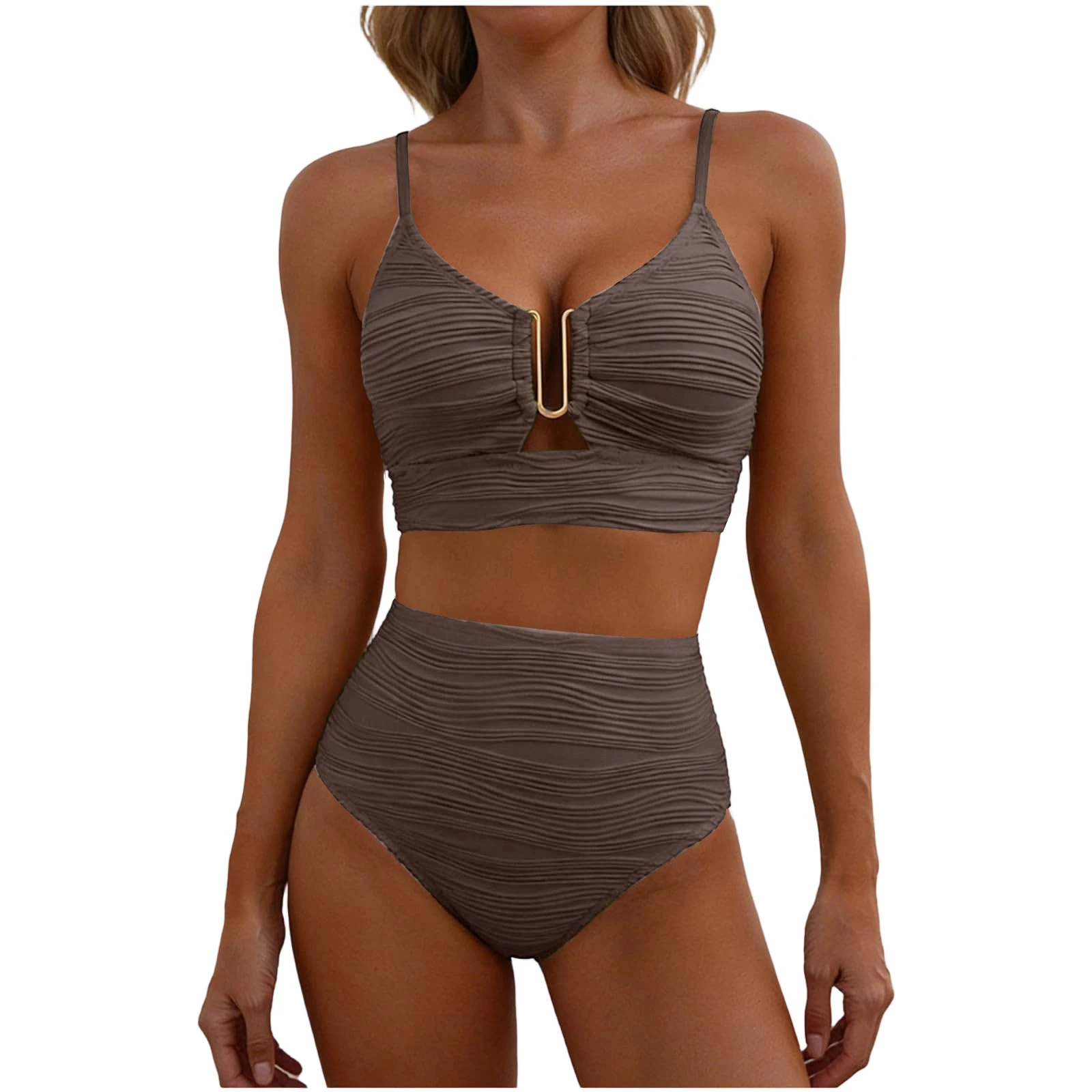

2 Piece Bikini Set Women’s U-Wire Cutout Popular Swimsuit High Waisted Textured 2026 Summer Beach Swim Female Bathing Suits