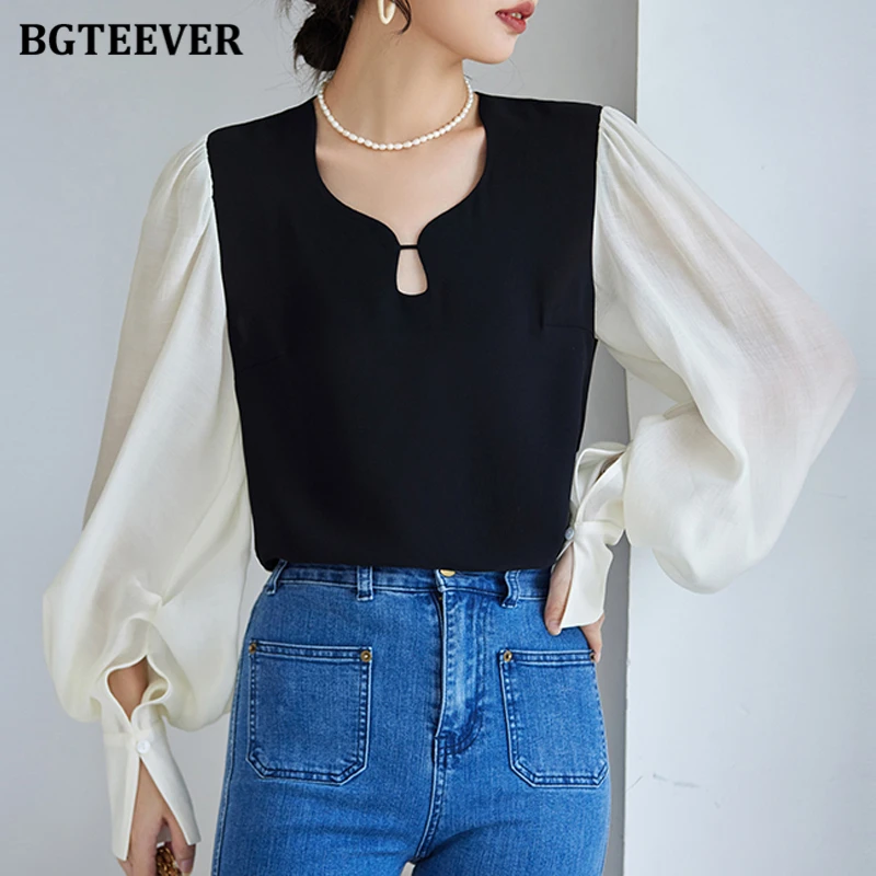 

BGTEEVER Fashion Elegant O-neck Loose Patchwork Female Shirts Blouses Autumn Long Sleeve Women Pullovers Tops Ladies Blusas