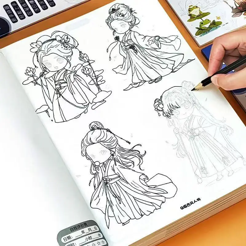 48-Page Q Version Ancient Hanfu Figure Sketch Tracing Workbook Easy Chinese Style Cartoon Drawing Book for New Artists