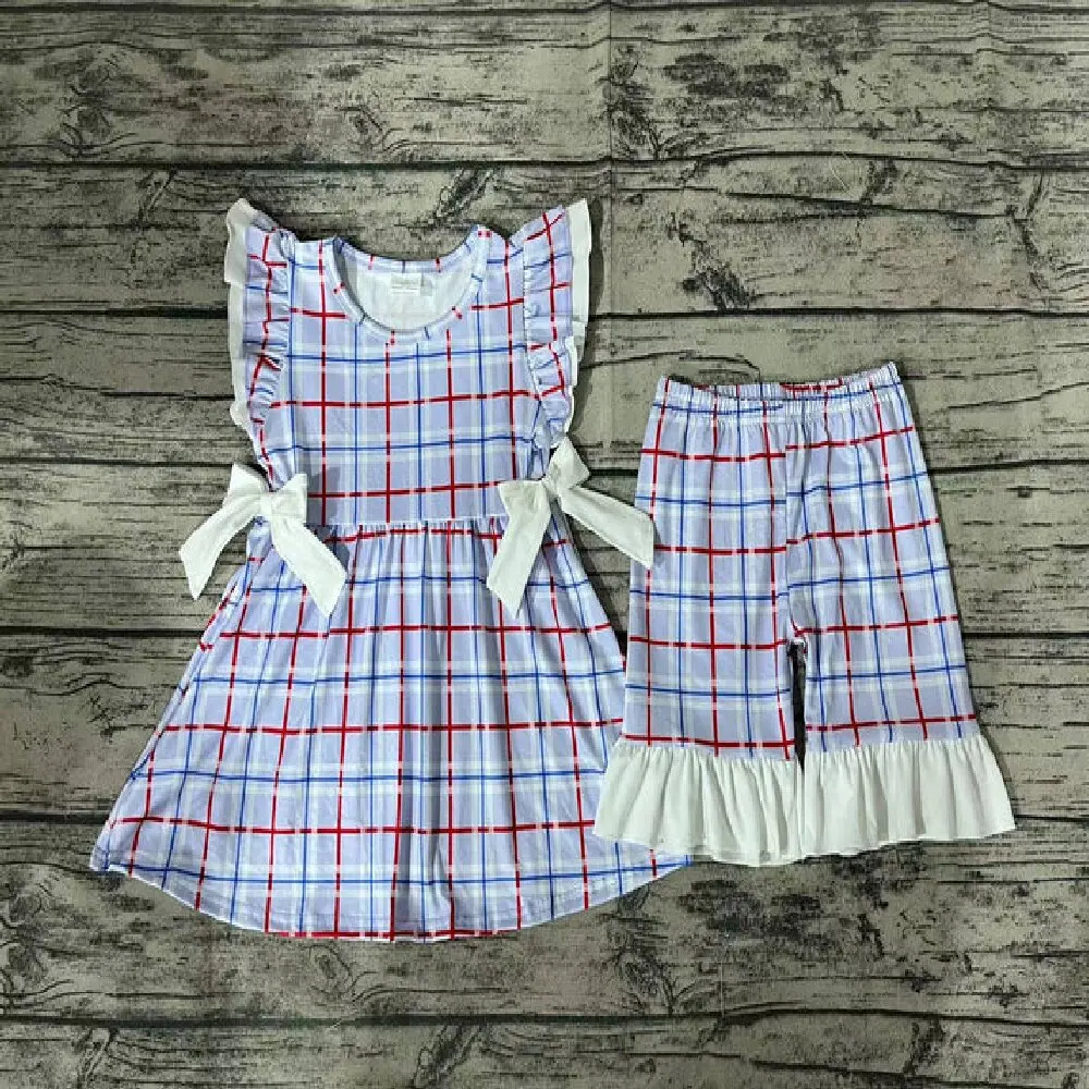 

Baby Girls Blue Checkered Bows Tunic Ruffle Shorts Clothes Sets