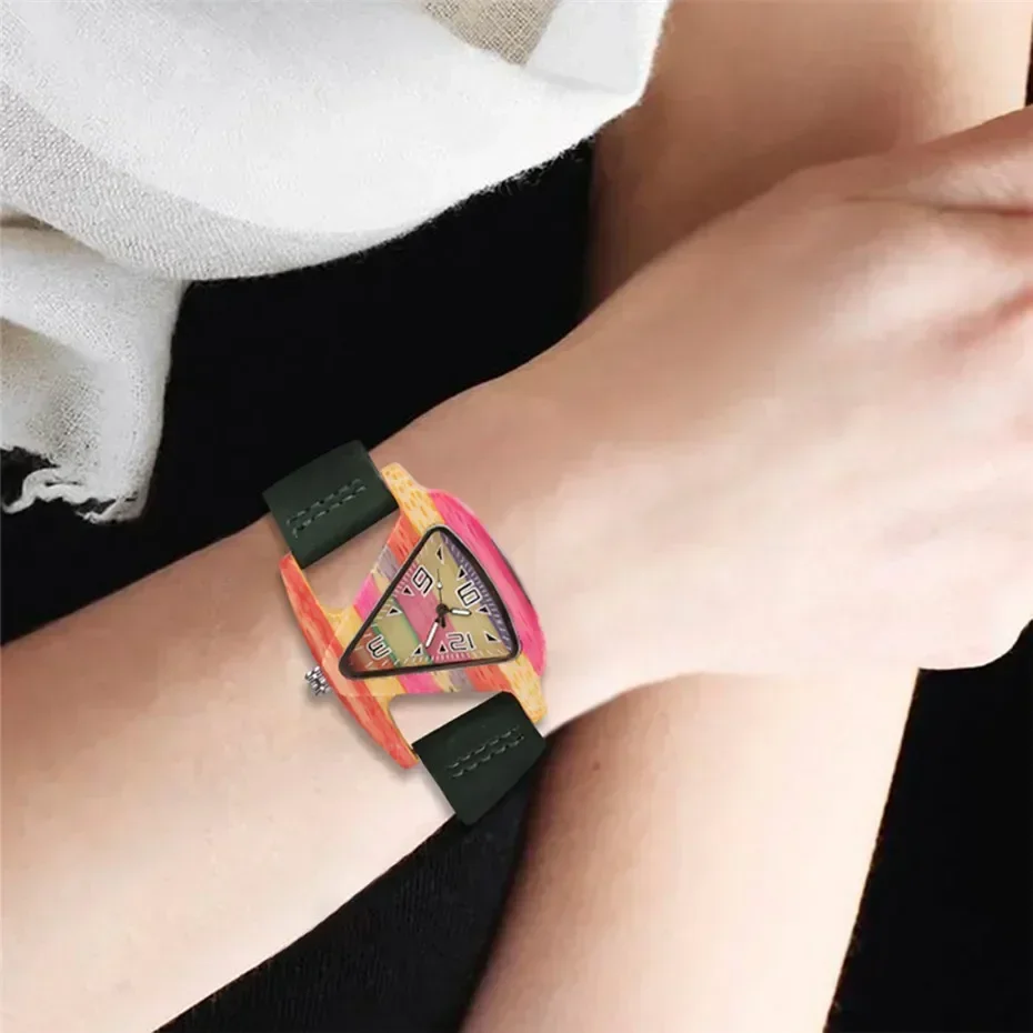 Unique Triangle Women's Wood Watch Creative Colorful Lady Green/ Red Genuine Leather Wristwatch Elegant Womens Watches Top Gifts