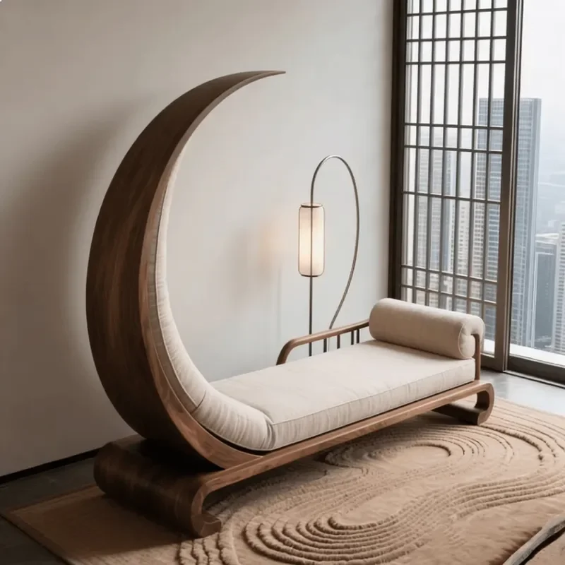 New Chinese Style North American Black Walnut Crescent Chair Beige Cotton Linen Leisure Chair Customization
