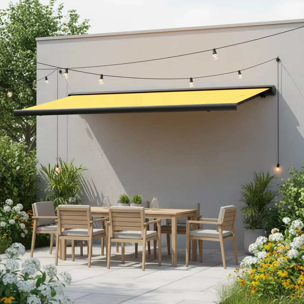 Wall Mounted Electric Outdoor Aluminum Frame Motorized Folding Arm Awnings Remote Control Commercial Use