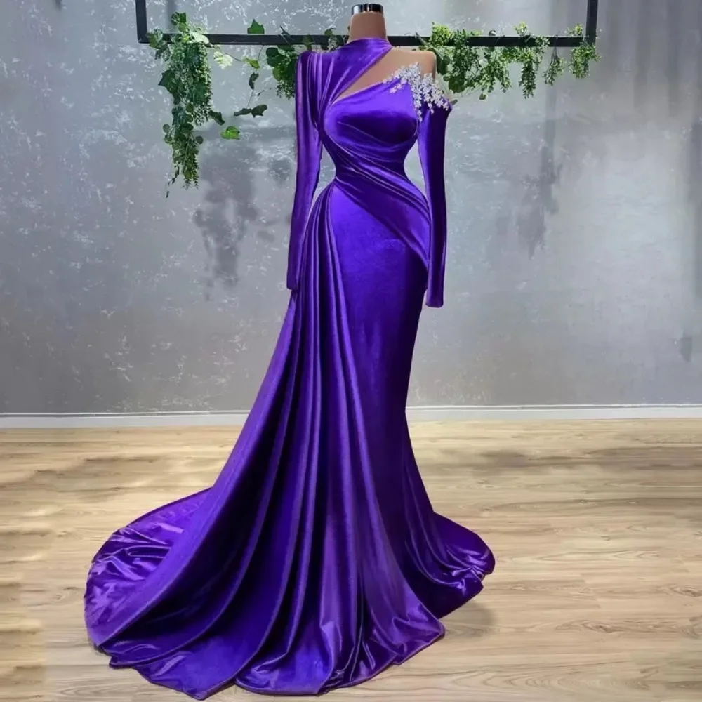 Vestido de noite cetim roxo, vestidos sexy sereia, apliques de contas, manga comprida, gola alta, vestido plissado, ocasião formal, 2022