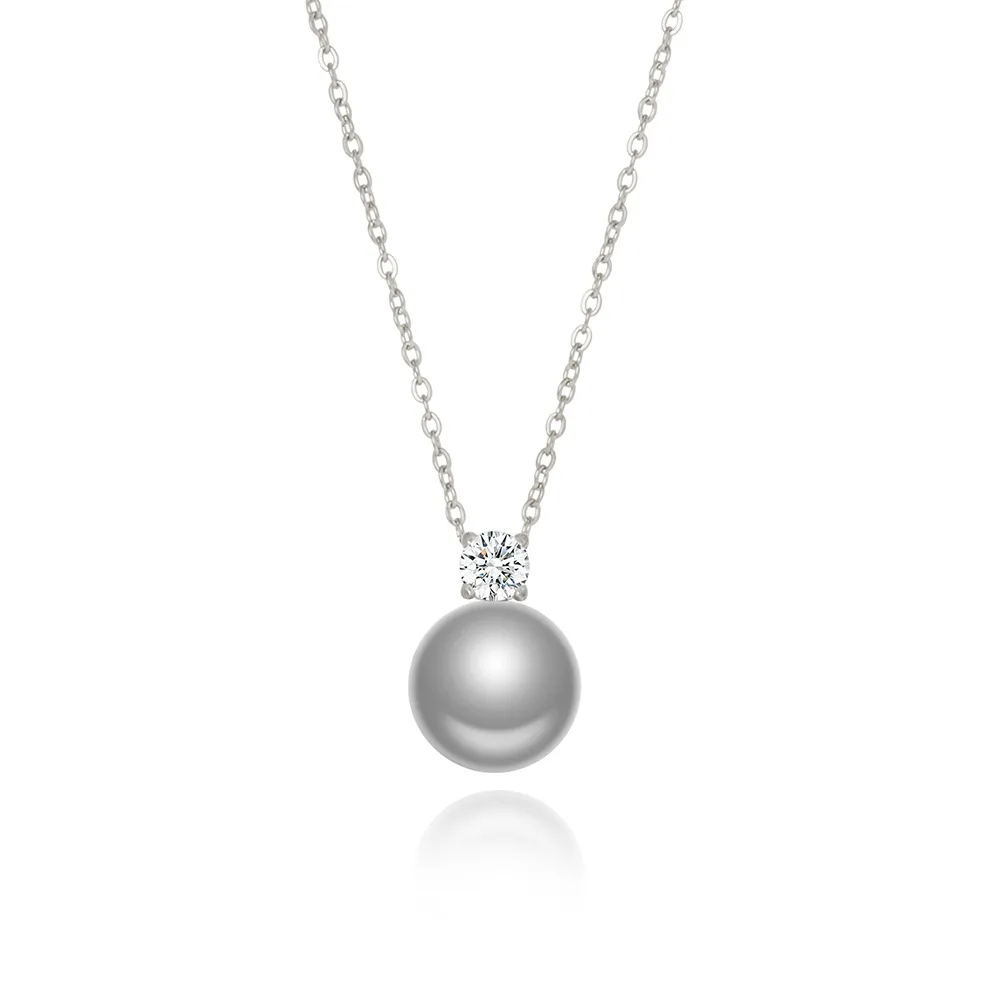 

Joolim Jewelry Wholesale Waterproof&No Fade Fashion Elegant Grey Pearl Zirconia Pendant Stainless Steel Necklace for Women