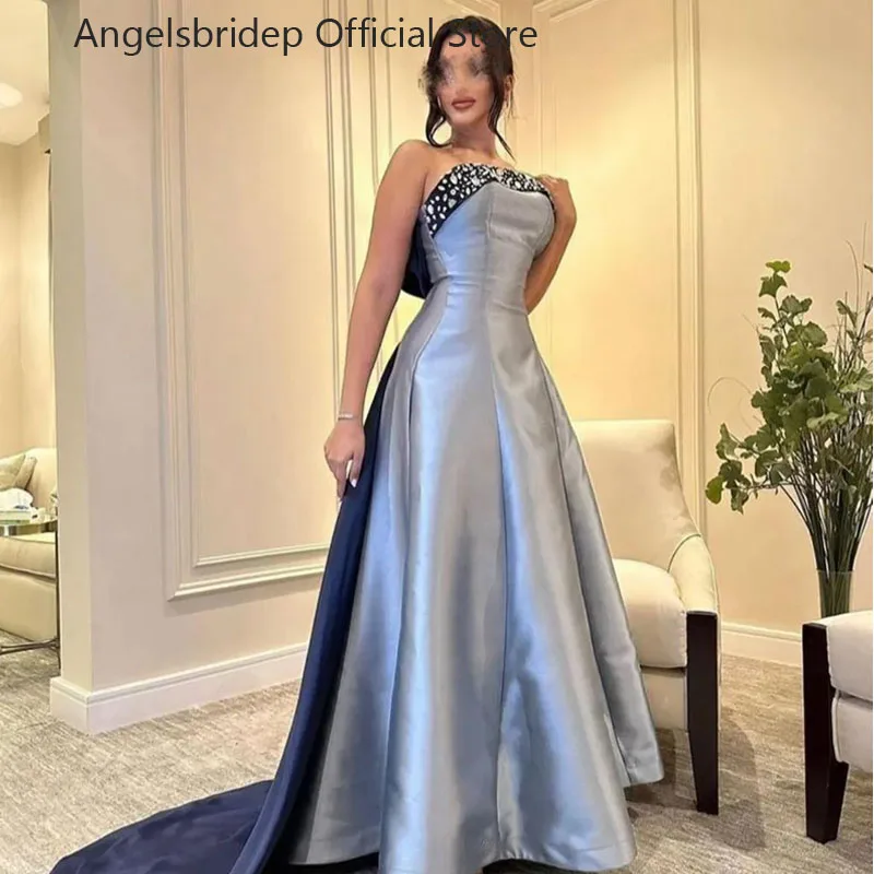 

Angelsbridep Mermaid Satin Evening Dress Robe De Soirée Beadings Crystals Party Dresses Back Bow Strapless Vestido De Noche