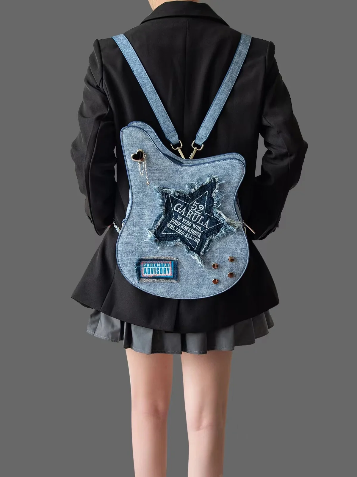 Yao Dong HIATUS original design denim guitar backpack casual creative five-pointed star tassel letter bass crossbody bag