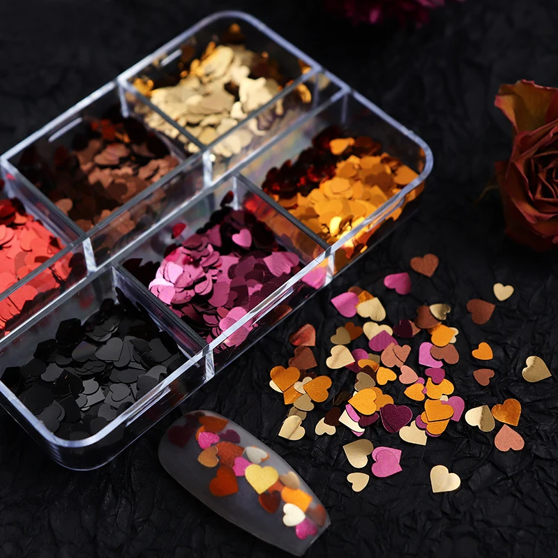 6 Gitter Valentinstag Liebe Herz Nagel Glitter Pailletten Nail Art Charms Metallic Farbe Herzform Pailletten Maniküre DIY Dekoration