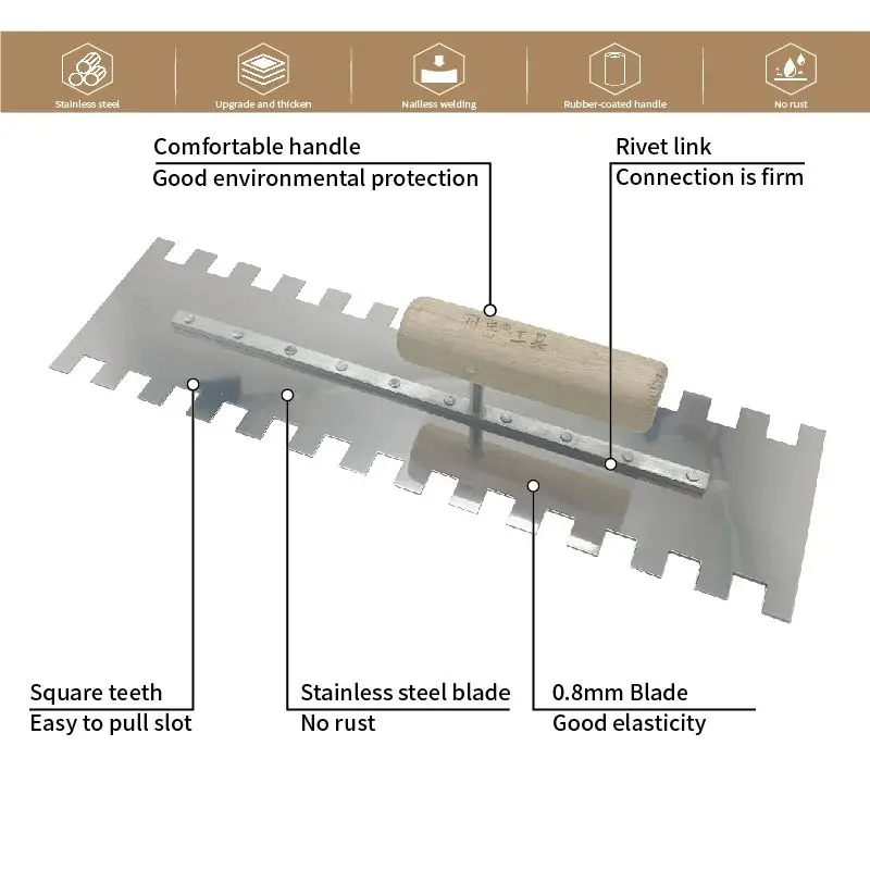스테인리스강 표준 사각 노치 타일링 흙손, 양면 톱니 건설 흙손 날, 스키밍 뒤집개, 40cm, 15x15mm