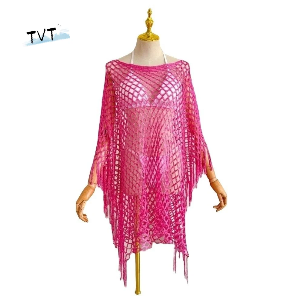 

Simple Tassel Sunscreen Cover-up Crochet Loose Fit Knit Hollow Out Top Casual Plus Size Fishnet Swimsuit Cover Up Vacation
