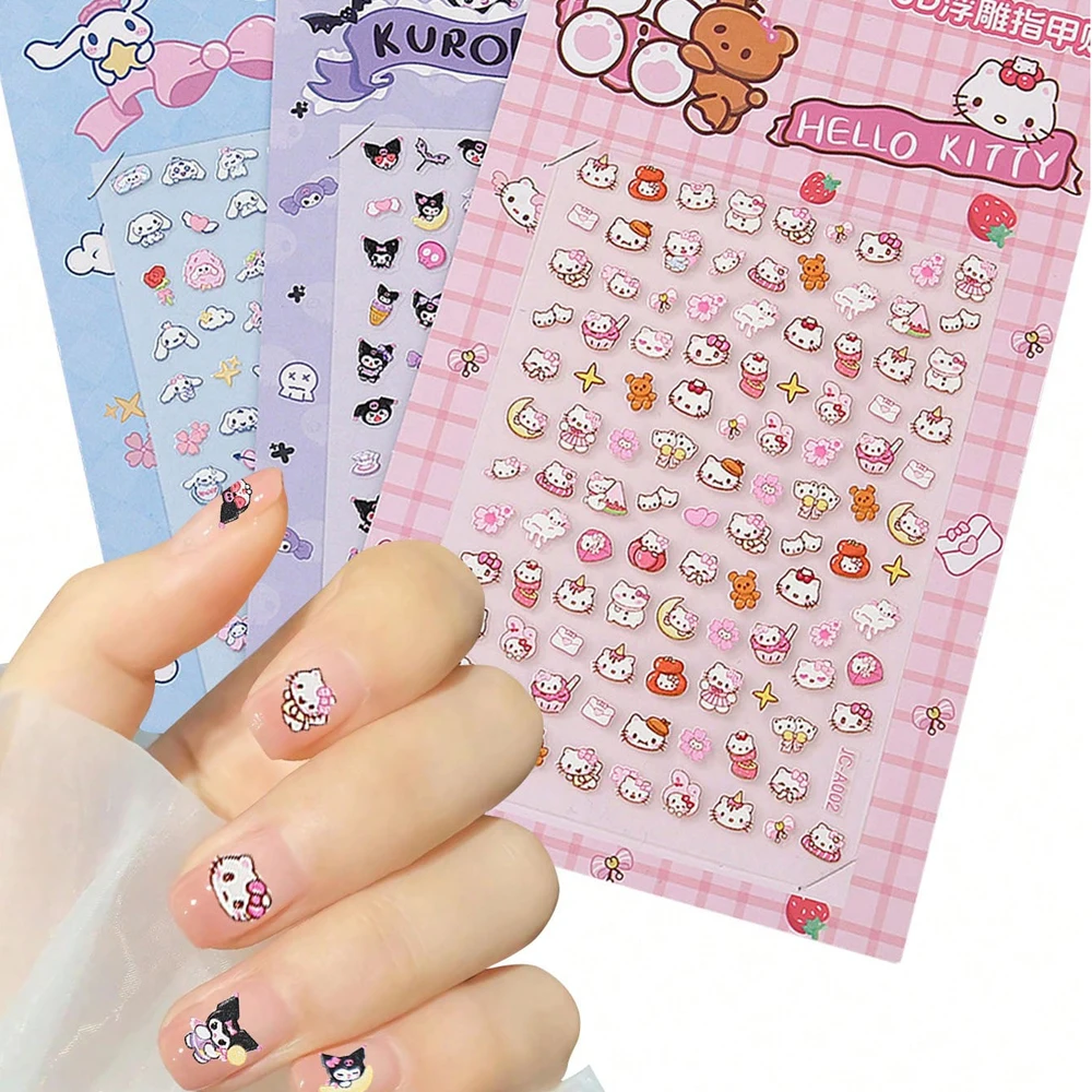 1Pc Cartoon Kuromi Hello Kitty Nail Stickers 5D Kawaii Melody Cinnamoroll Adhesive Decals DIY Bow Heart Star Manicure Sliders