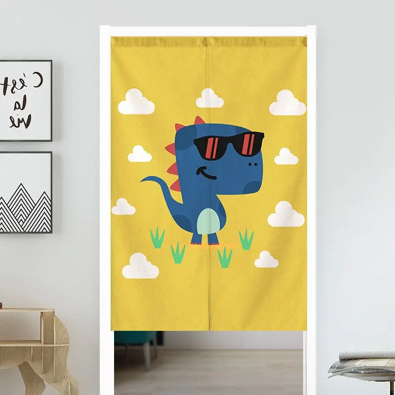 VIKAMA Cartoon Yellow Dino Sunglasses Door Curtain Blue Dinosaur White Cloud Green Grass Cute Kawaii Kids Linen Noren Bedroom