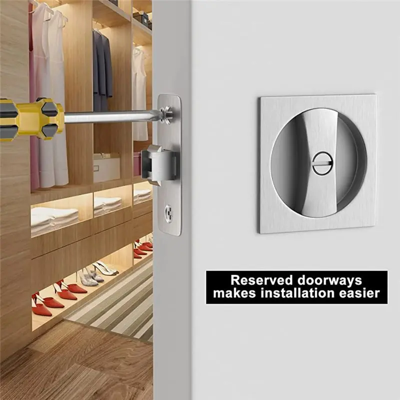 FTGT-Bed/Bath Pocket Door Lock, Satin Contemporary Privacy Square Pocket Door Hardware, Sliding Pocket Door
