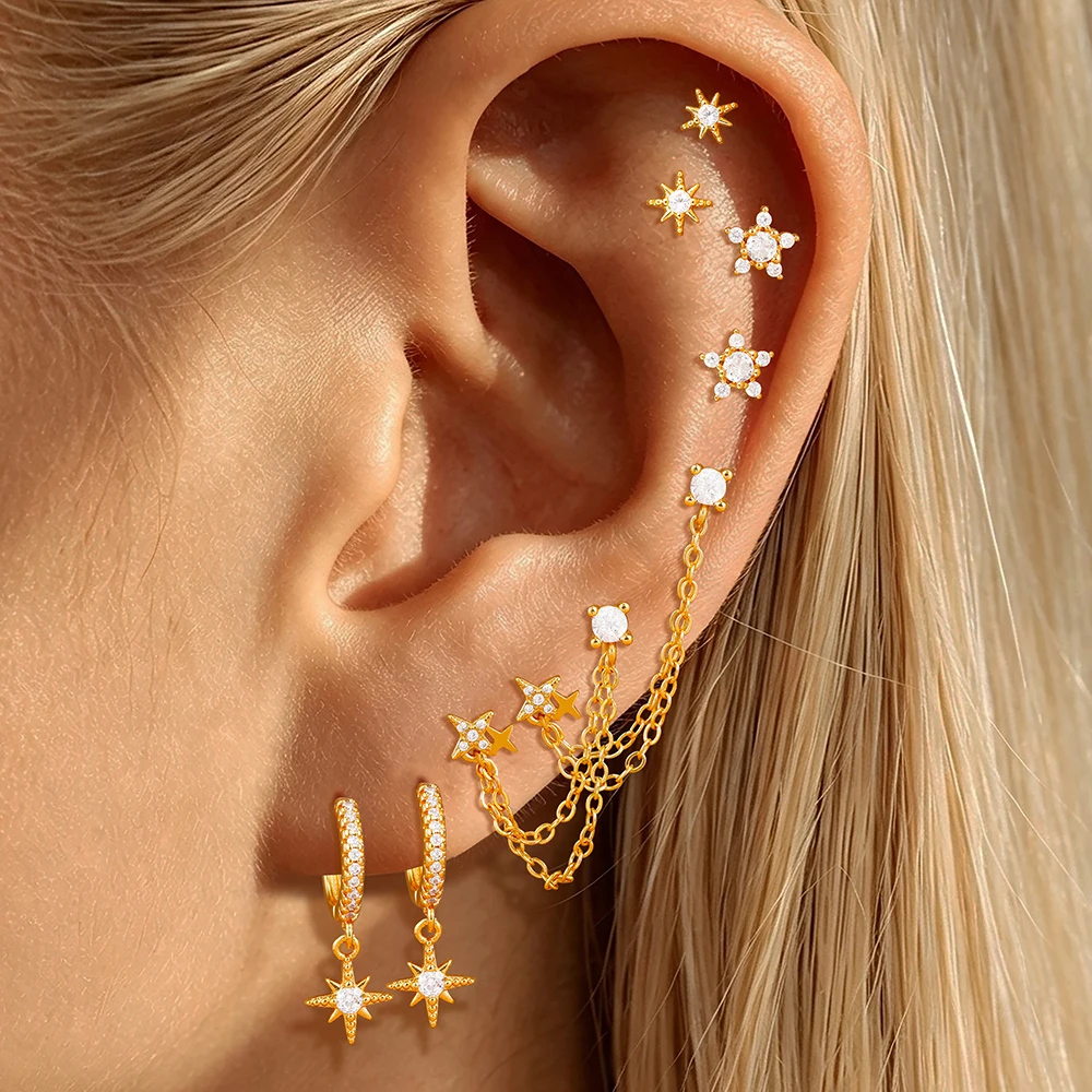 4-teiliges/8-teiliges Set Exquisiter Sternblumen-Zirkon-Ohrhänger mit Mehrschichtiger Kette für Damen, 14K Vergoldet, Hypoallergener Schmuck, Geschenke