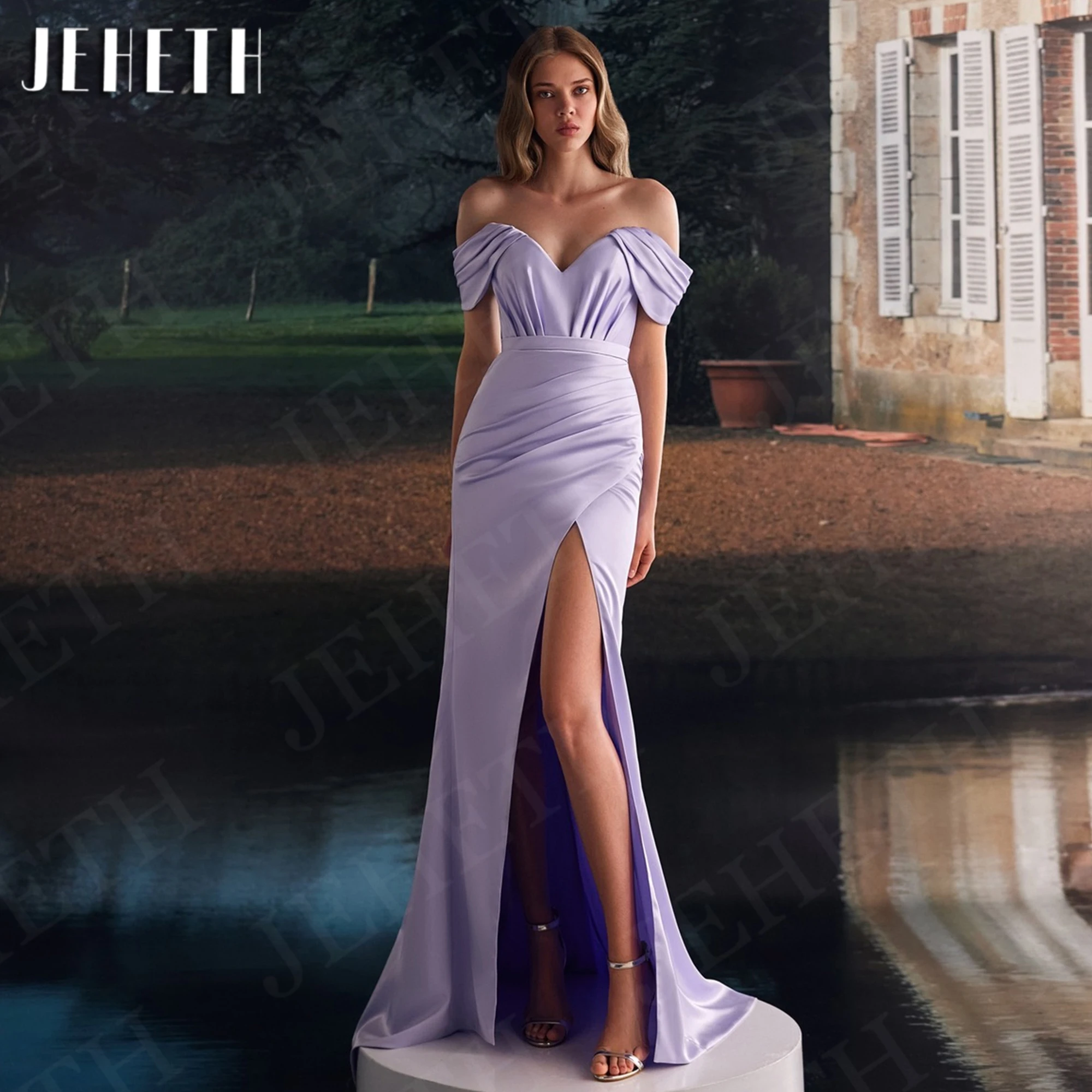 

JEHETH Satin Evening Dresses Woman Elegant Mermaid Split Sexy Off The Shoulder Formal Occasion Dress Party vestidos de noche