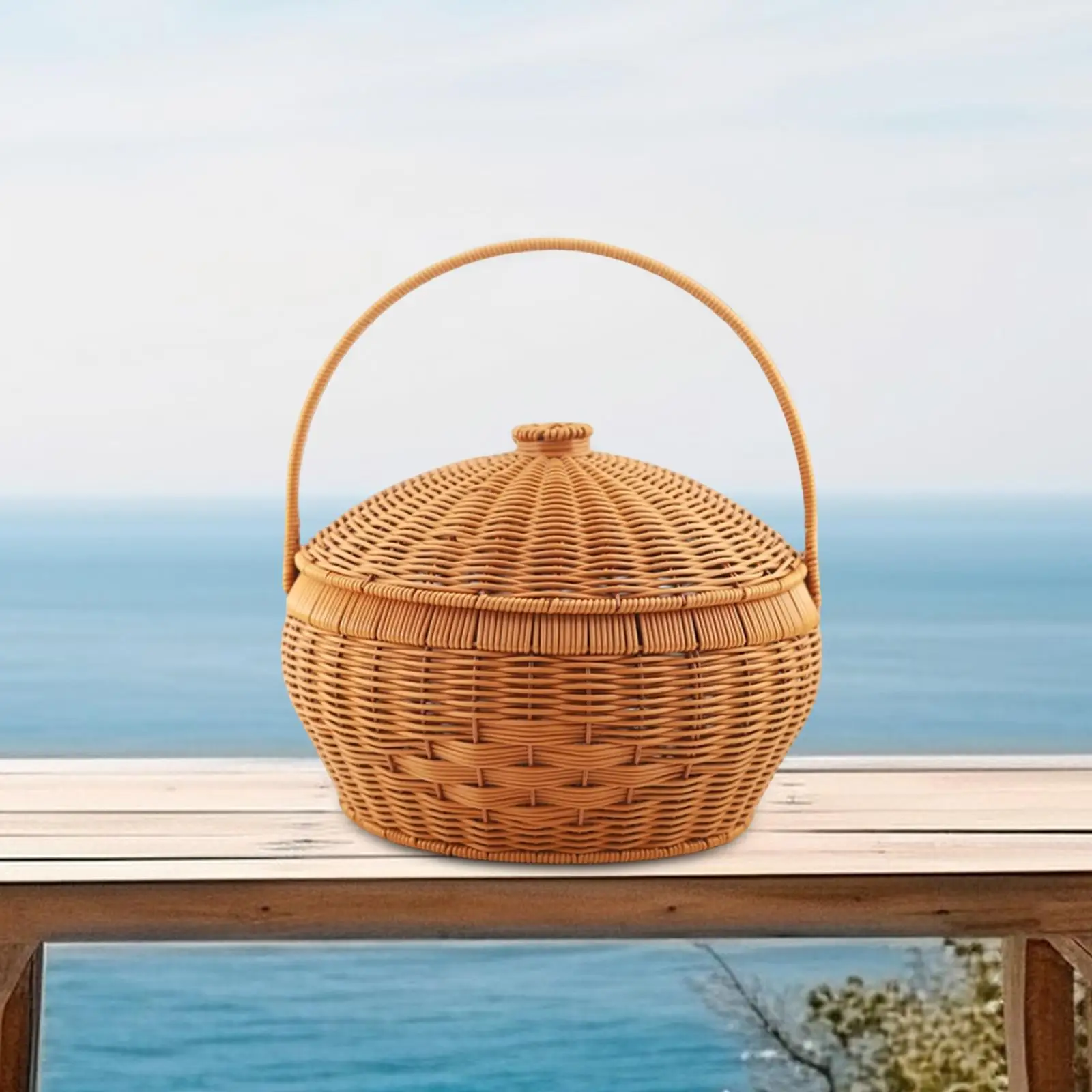 Picnic Basket, Imitation Wicker Basket Rustic Flower Basket Picnic Food Storage Hamper Woven Basket for Camping Outdoor Home